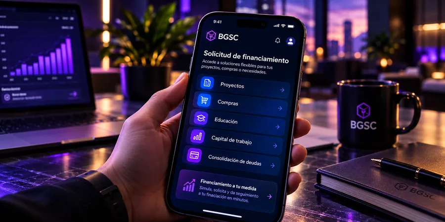 Mano sosteniendo un celular con la solicitud de financiación BGSC