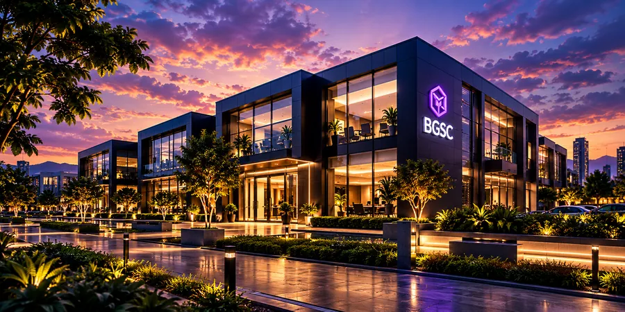 Edificio corporativo BGSC iluminado al atardecer